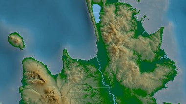 Agusan del Norte, Filipinler vilayeti. Gölleri ve nehirleri olan renkli gölge verileri. Ülke alanına göre şekillendirilmiş. 3B görüntüleme