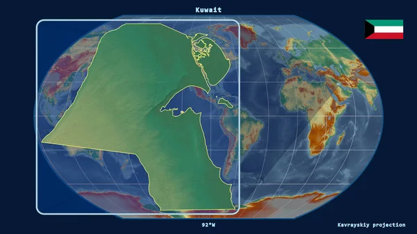 Увеличен Виду Контура Кувейта Перспективными Линиями Против Глобальной Карты Каврайской — стоковое фото