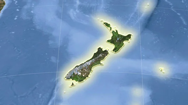 Nya Zeeland Och Dess Grannskap Avlägset Snedt Perspektiv Formen Glödde — Stockfoto
