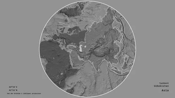 The area of Uzbekistan centered in the circle surrounding its continent on the desaturated background. Capital georeferences and names given. Bilevel elevation map