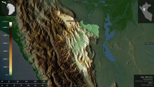 San Martin , region of Peru. Colored shader data with lakes and rivers. Shape presented against its country area with informative overlays. 3D rendering