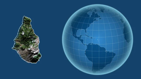 Montserrat. Globe with the shape of the country against zoomed map with its outline isolated on the blue background. satellite imagery