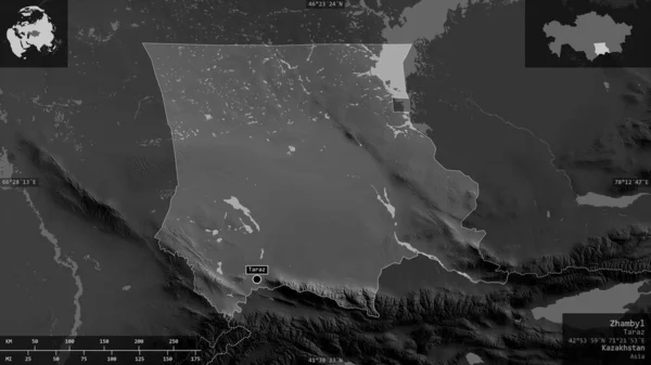 Zhambyl Район Казахстану Граймасштабна Карта Озерами Річками Форма Представлена Проти — стокове фото