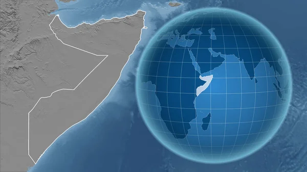 Somalii Globus Kształcie Kraju Powiększoną Mapą Swoim Zarysem Mapa Elewacji — Zdjęcie stockowe