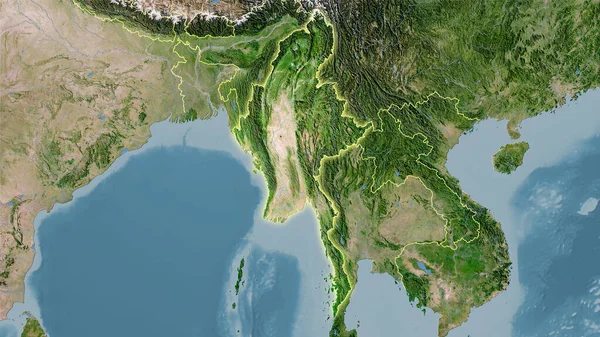 Περιοχή Μιανμάρ Στον Δορυφορικό Χάρτη Στην Στερεογραφική Προβολή Ακατέργαστη Σύνθεση — Φωτογραφία Αρχείου