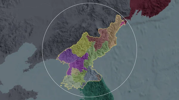 North Korea zoomed and circled. Colored and bumped map of the administrative division. 3D rendering