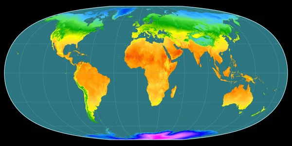 Mcbryde Thomas投影中的世界地图以东经11度为中心 平均年温度图 具有满意性能的栅格原料复合材料 3D插图 — 图库照片