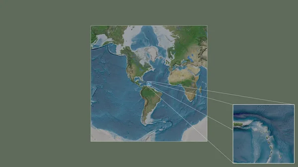 蒙特塞拉特扩大和扩大的地区是从世界大比例尺地图中提取出来的 其主要线连接了框架的各个角落 卫星图像 — 图库照片