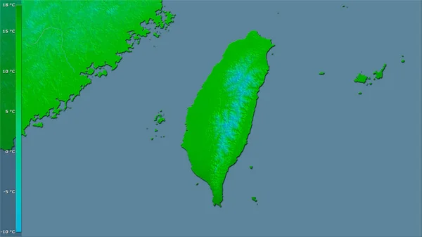 凡例と立体投影の台湾エリア内で最も寒い月の最低気温 ラスター層の生の組成 — ストック写真