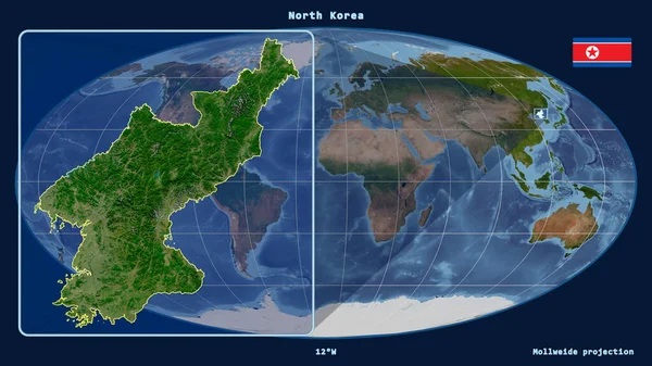 Огляду Північна Корея Окреслює Перспективні Лінії Проти Глобальної Карти Проекції — стокове фото