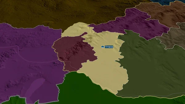 Trnavsky スロバキアの領域が拡大し 首都で強調表示されます 行政区画の色と衝突した地図 3Dレンダリング — ストック写真