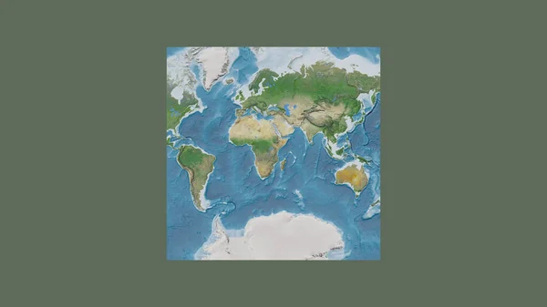 Square frame of the large-scale map of the world in an oblique Van der Grinten projection centered on the territory of Tanzania. Satellite imagery