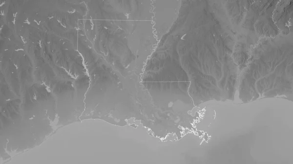 Louisiana, state of United States. Grayscaled map with lakes and rivers. Shape outlined against its country area. 3D rendering