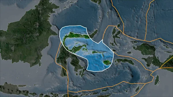 衛星上のモルッカ海の地殻プレートの概要隣接する地域の砂漠化によって分離された地図 ヴァン グリンテンI予測 斜めの変換 — ストック写真