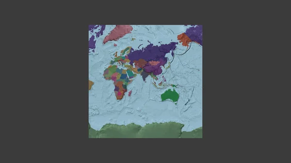 Square frame of the large-scale map of the world in an oblique Van der Grinten projection centered on the territory of Sri Lanka. Color map of the administrative division