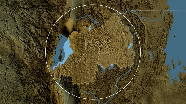 Rwanda zoomed and circled. Main physical landscape features. 3D rendering