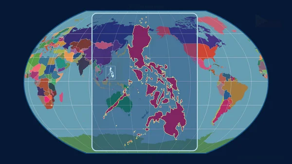 Zoomed-in view of Philippines outline with perspective lines against a global map in the Kavrayskiy projection. Shape centered. color map of administrative divisions