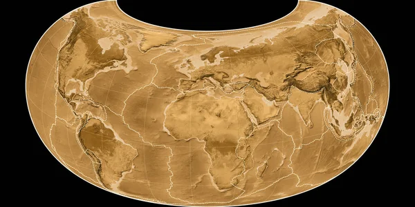 Raisz Armadillo投影中的世界地图以东经11度为中心 塞皮亚浅色的高程图 具有满意和构造板块边界的栅格组合物 3D插图 — 图库照片