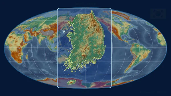 Увеличенный Вид Южной Кореи Перспективными Линиями Против Глобальной Карты Проекции — стоковое фото