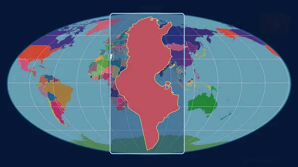 在Mollweide投影中 用透视线将突尼斯的轮廓与全球地图对齐 形体中心 行政区划的彩色地图 — 图库照片