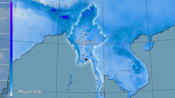 Niederschlag Des Wärmsten Viertels Gebiet Von Myanmar Der Stereographischen Projektion — Stockfoto