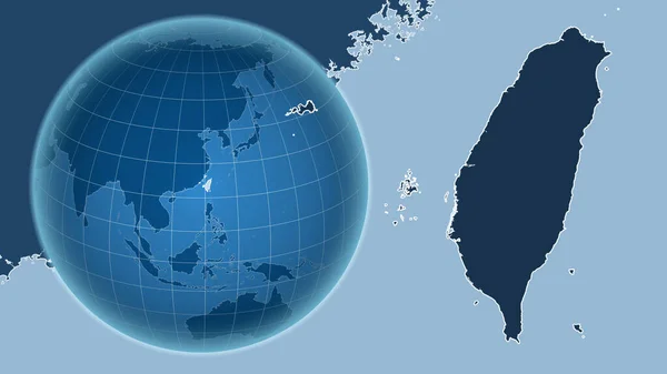 Taiwan. Globe with the shape of the country against zoomed map with its outline. shapes only - land/ocean mask