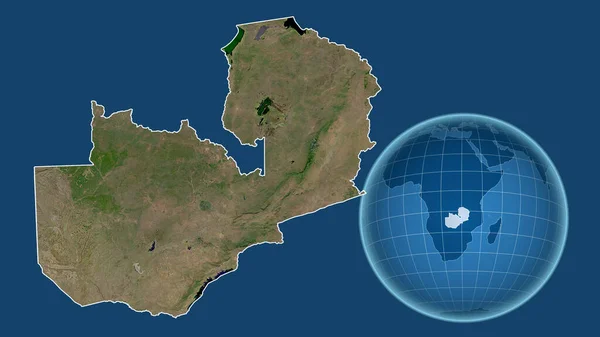 ザンビア 青い背景に孤立した輪郭を持つ拡大地図に対して 国の形をした球体 衛星画像 — ストック写真