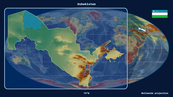 Přiblížený Pohled Uzbekistán Perspektivními Liniemi Proti Globální Mapě Mollweidově Projekci — Stock fotografie