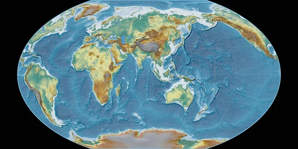 Mapa Świata Projekcji Winkel Tripel Skupiona Wschodniej Długości Geograficznej Topograficzna — Zdjęcie stockowe