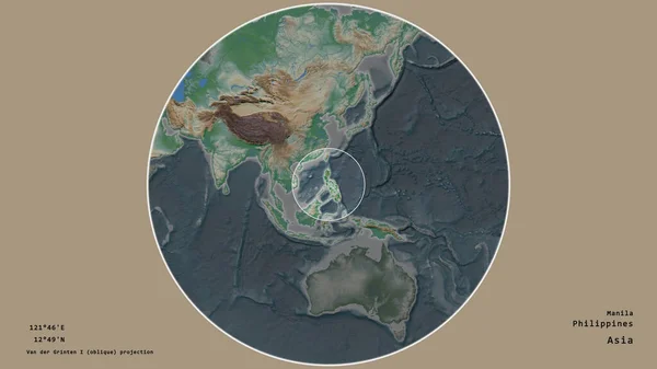 Area of Philippines marked with a circle on the large-scale map of the continent isolated against desaturated background. Capital georeferences and names given. Color physical map