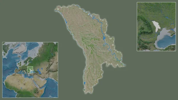 摩尔多瓦的近景及其在该区域的位置 以及在一个大比例尺世界地图中心的位置 卫星图像 — 图库照片