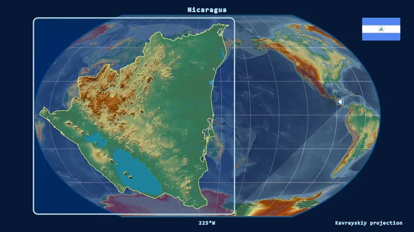 Увеличенный Вид Никарагуа Перспективными Линиями Против Глобальной Карты Каврайской Проекции — стоковое фото