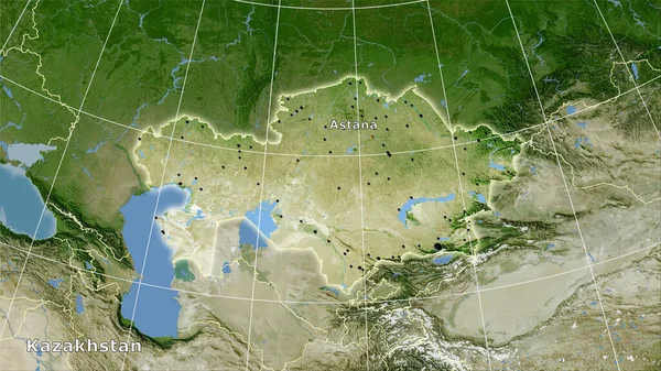 Basmakalıp Projeksiyondaki Uydusu Haritasında Kazakistan Alanı Ana Kompozisyon — Stok fotoğraf