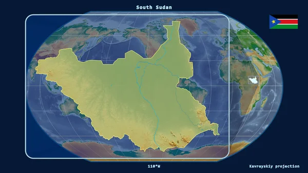 Увеличенный Учетом Контура Южного Судана Перспективными Линиями Против Глобальной Карты — стоковое фото