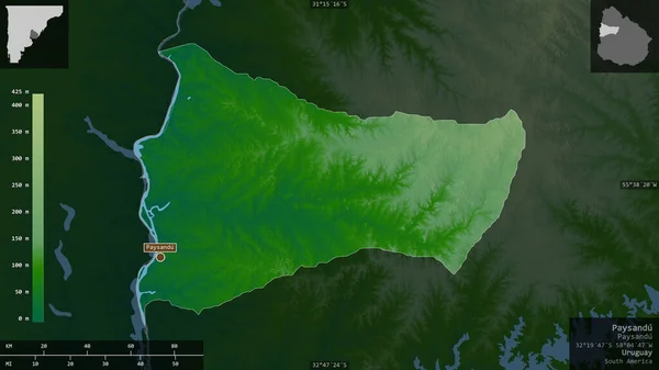 Paysandu Departement Uruguay Gekleurde Schaduwgegevens Met Meren Rivieren Vorm Gepresenteerd — Stockfoto