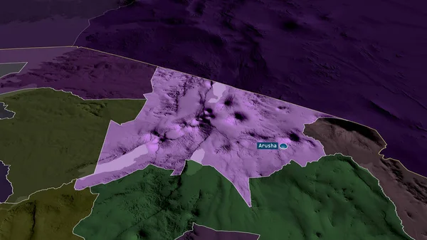 Arusha Región Tanzania Acercó Destacó Con Capital Mapa Coloreado Tocado — Foto de Stock