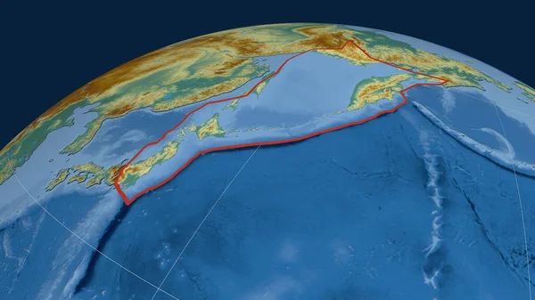 地球上で概説されたオホーツク地殻プレート 地形図の救援地図 3Dレンダリング — ストック写真