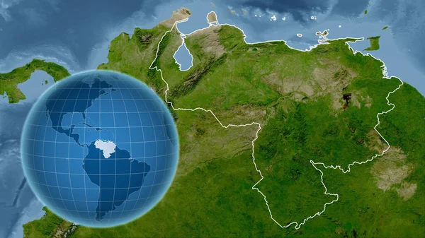 Venezuela Globe Tvarem Země Proti Zvětšené Mapě Jeho Obrysem Satelitní — Stock fotografie