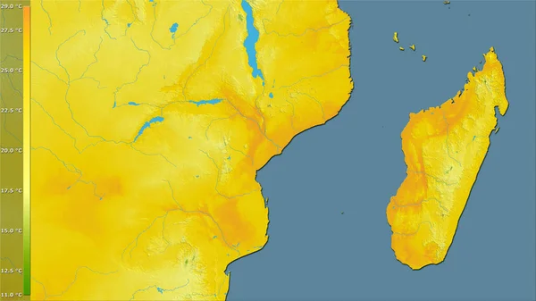 Sztereográfiai Vetítés Legmelegebb Negyedének Átlaghőmérséklete Mozambik Területén Legendával Raszterrétegek Nyers — Stock Fotó