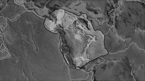隣接する地域の砂漠化によって分離されたグレースケールの地図上の北米地殻プレートの概要 ヴァン グリンテンI予測 斜めの変換 — ストック写真