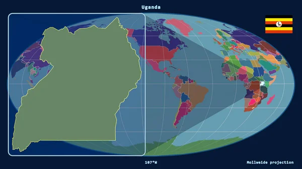 Увеличенный Вид Контура Уганды Перспективными Линиями Против Глобальной Карты Проекции — стоковое фото