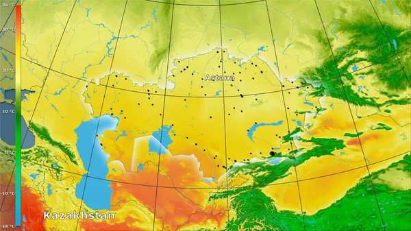 带有图例的立体投影中哈萨克斯坦地区最暖四分之一的平均温度 主成分 — 图库照片