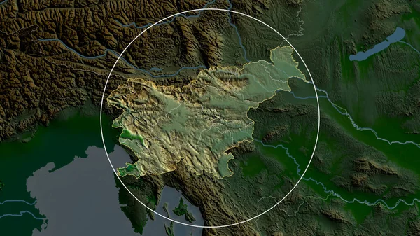 Slovenia zoomed and circled. Main physical landscape features. 3D rendering