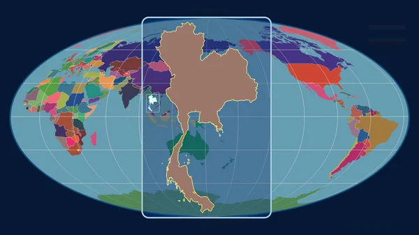 在Mollweide投影中 用透视线与全球地图对齐 放大了泰国的轮廓 形体中心 行政区划的彩色地图 — 图库照片