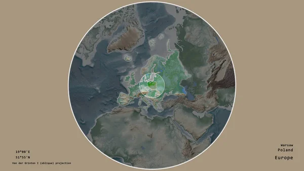 在幅员辽阔的欧洲大陆地图上 以圆形为标志的波兰地区在绝望的背景下被孤立起来 大写的地理推论和名称 彩色物理图 — 图库照片