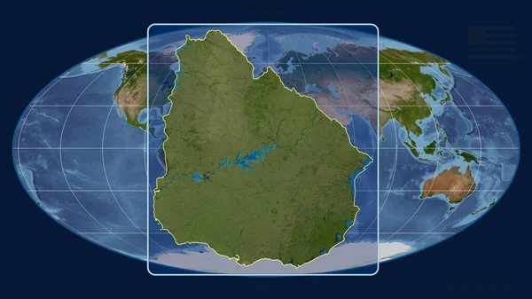 在Mollweide投影中 用透视线与全球地图对齐 放大了乌拉圭的轮廓 形体中心 卫星图像 — 图库照片