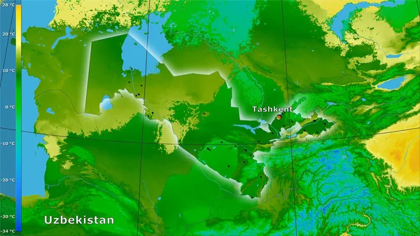 Durchschnittstemperatur Des Wärmsten Viertels Gebiet Usbekistans Der Stereographischen Projektion Mit — Stockfoto