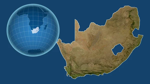 South Africa. Globe with the shape of the country against zoomed map with its outline isolated on the blue background. satellite imagery