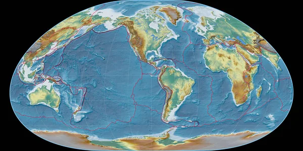 Světová Mapa Loximální Projekci Soustřeďuje Západní Délky Topografická Reliéfní Mapa — Stock fotografie
