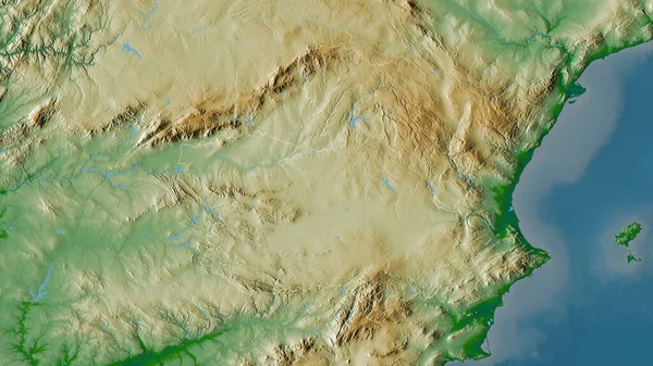Castilla-La Mancha, autonomous community of Spain. Colored shader data with lakes and rivers. Shape outlined against its country area. 3D rendering